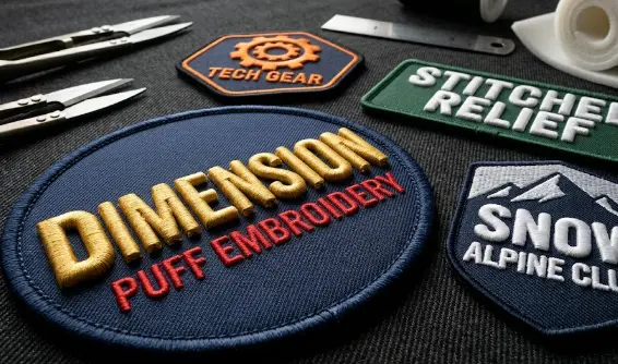 Closeup shot of multiple 3D puff embroidery patches pictured on a black fabric.