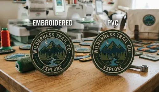 Embroidered patch and PVC patch pictured side-by-side on a wooden table.