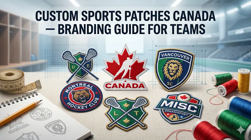 Sports patches with sketch designs, threads, and measuring tape placed on a table