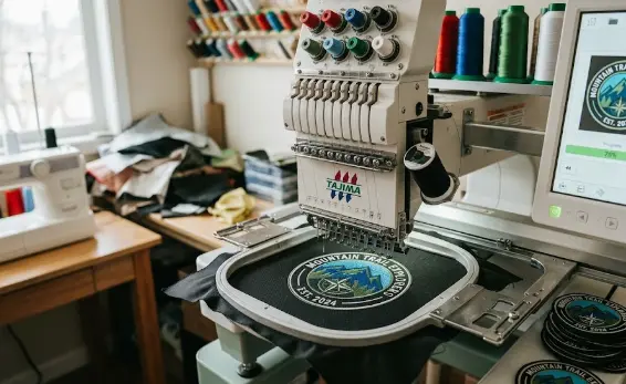 A custom embroidered patch being embroidered on a Tajima embroidery machine.