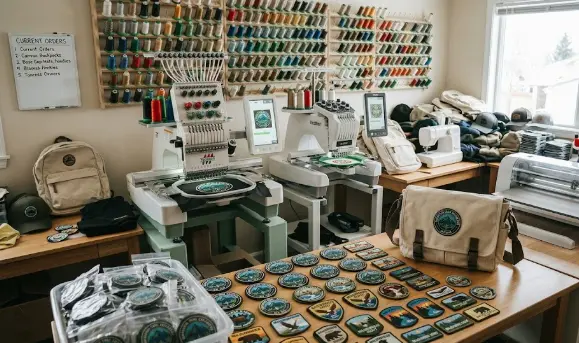 An embroidered patch manufacturing facility working on bulk orders of embroidered patches