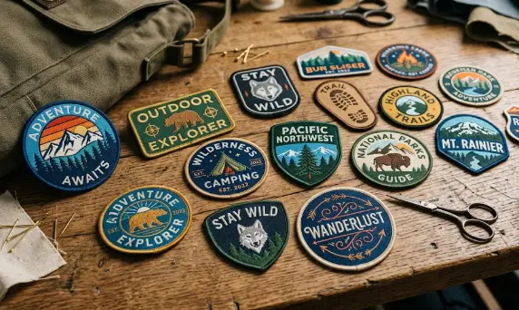 Custom woven patches for different Canadian nature and adventure companies laid out on a wooden table