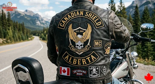 A biker wearing a leather jacket with multiple patches applied on it.
