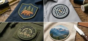 A collage showing patches applied on different fabrics.