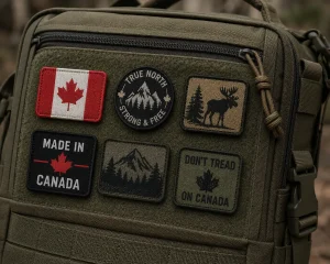 A bag with hook and loop patches attached