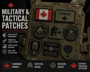 Infographics of a tactical bag with military patches attached