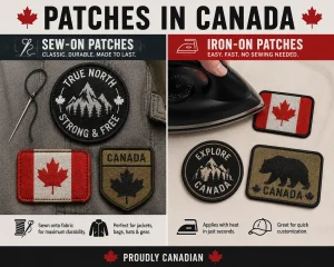 Infographics on sew-on and iron-on patches in Canada.