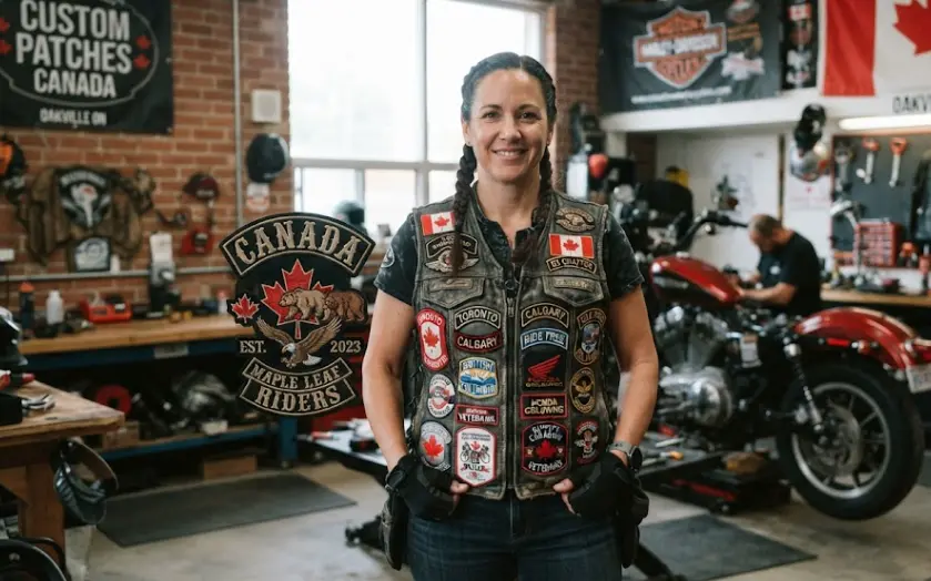 Canadian MC member wearing her biker vest with custom motorcycle club patches
