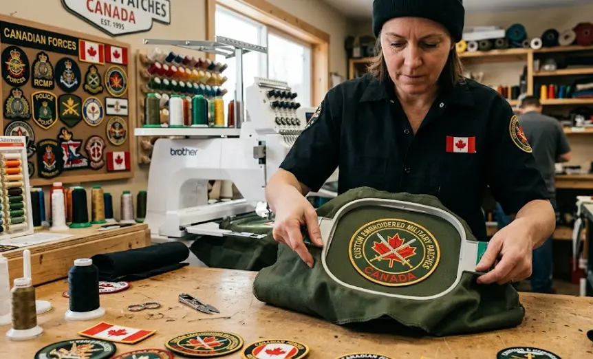 Canadian patch-making facility manufacturing an embroidered military patch