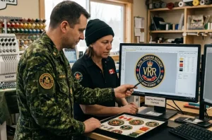 Digital mockup assessment going on in a Canadian patch maker facility before production starts for the embroidered military patches