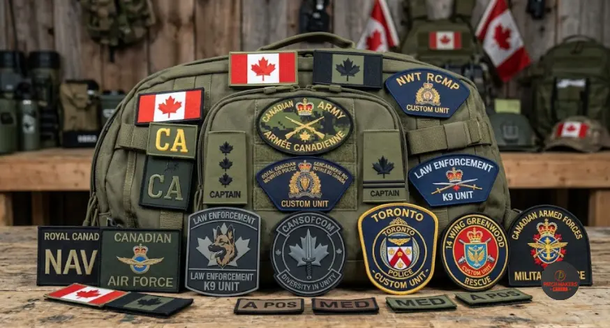 MilitaryLaw Enforcement custom patches from Canada attached to a tactical bag