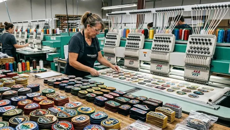A custom patch facility manufacturing a bulk custom patch order.