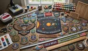 An overhead view of a wooden workbench filled with an assortment of custom embroidered patches in various shapes and sizes, surrounded by sewing tools and measuring tapes
