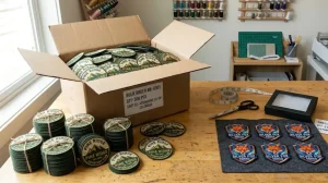 Bulk order custom patch delivery box kept on a wooden table with other patches and tools.