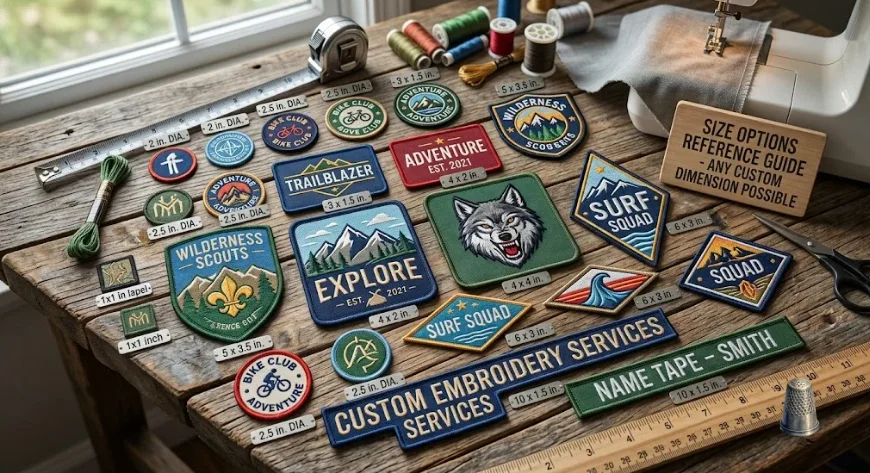 Different sizes and shapes of custom patches laid out on an old wooden table.