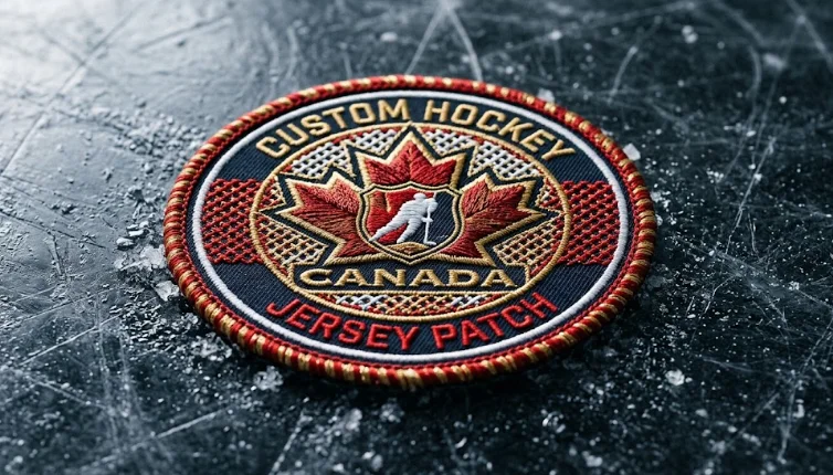 Embroidered Canadian hockey jersey patch with raised red and gold stitching resting on a dark, scratched ice surface