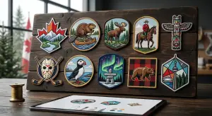 Different Canadian-made patches displayed on a wooden board.