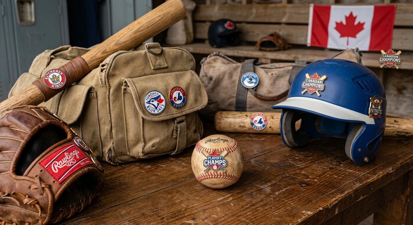 Vintage Canadian-themed baseball gear, including leather gloves, wooden bats, a blue batting helmet, and team enamel pins arranged on a dugout wooden bench