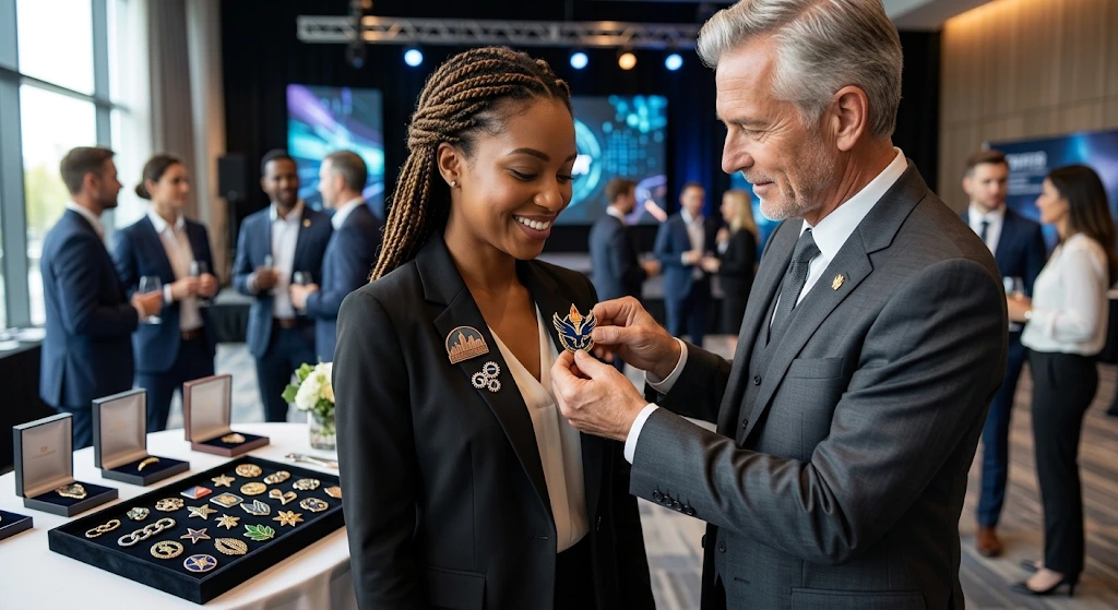 a boss giving his employee a lapel pin as an award